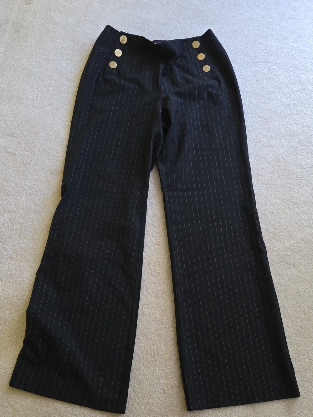 INC International Concepts Black Pinstripe Wide-Leg Pants with Gold Buttons